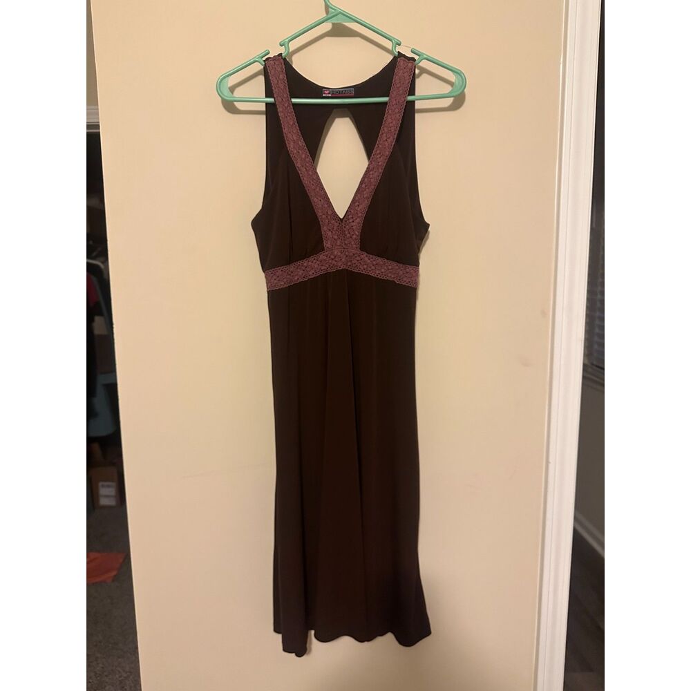 Vintage Y2K Hot Kiss Brown Maxi Dress Pink Lace Trim Whimsigoth Boho Sz L